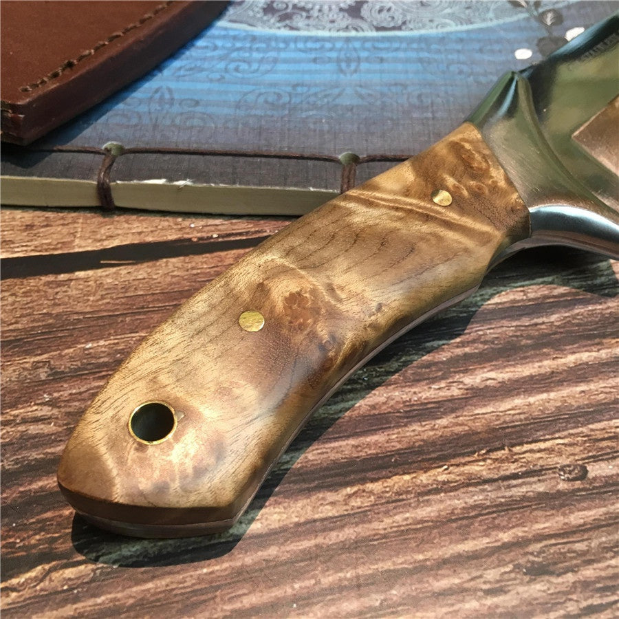 Stainless Steel Blade Shadow Wood Handle Straight Knife Hunting Tactical Outdoor Tool Knives for Outdoor Survival Leather Sheath