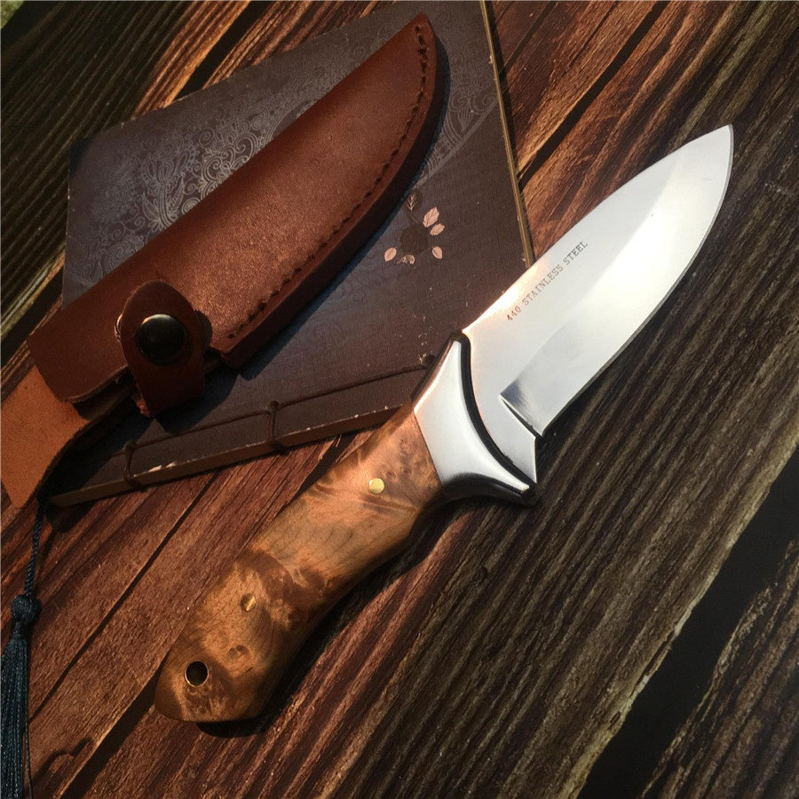 Stainless Steel Blade Shadow Wood Handle Straight Knife Hunting Tactical Outdoor Tool Knives for Outdoor Survival Leather Sheath