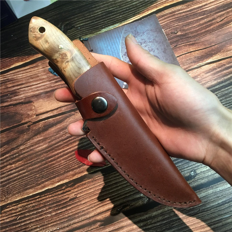 Stainless Steel Blade Shadow Wood Handle Straight Knife Hunting Tactical Outdoor Tool Knives for Outdoor Survival Leather Sheath
