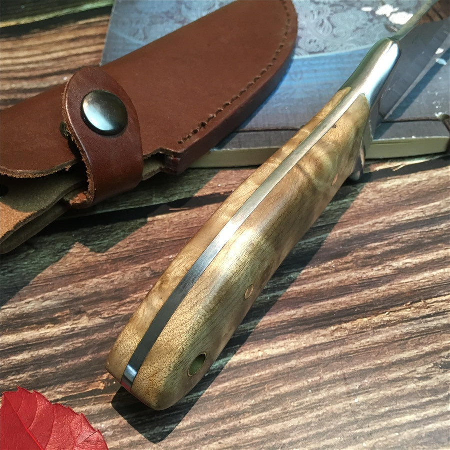 Stainless Steel Blade Shadow Wood Handle Straight Knife Hunting Tactical Outdoor Tool Knives for Outdoor Survival Leather Sheath