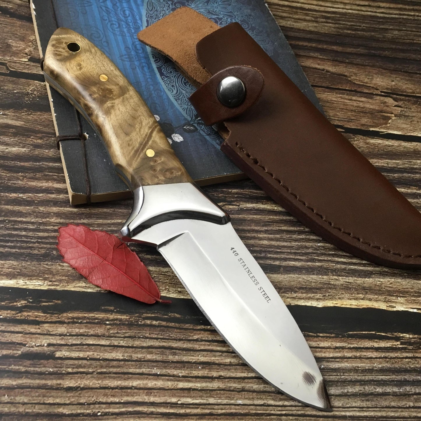 Stainless Steel Blade Shadow Wood Handle Straight Knife Hunting Tactical Outdoor Tool Knives for Outdoor Survival Leather Sheath