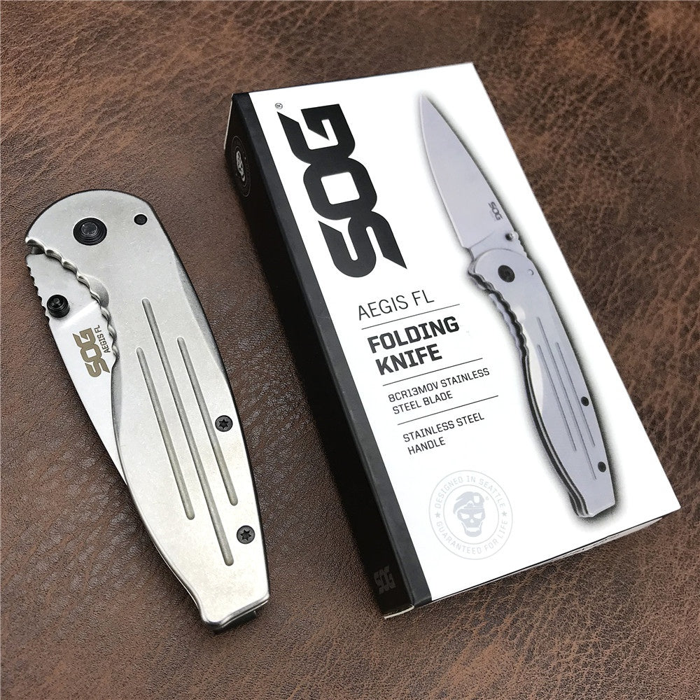 SOG Aegis FL AE31BX-8389 Folding knife Stone wash All steel Outdoor tactical knife 8CR13MoV Camping knife edc Hunting tools Gift Box