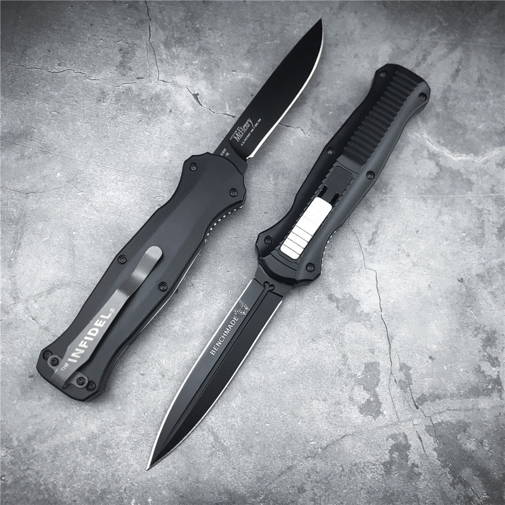 Benchmade 3300bk INFIDEL Ambidextrous Thumb Slide OTF Automatic Switchblade Knifes D2 Steel Double Edged Tactical Daggers With Black Anodized Multifunctional Handle