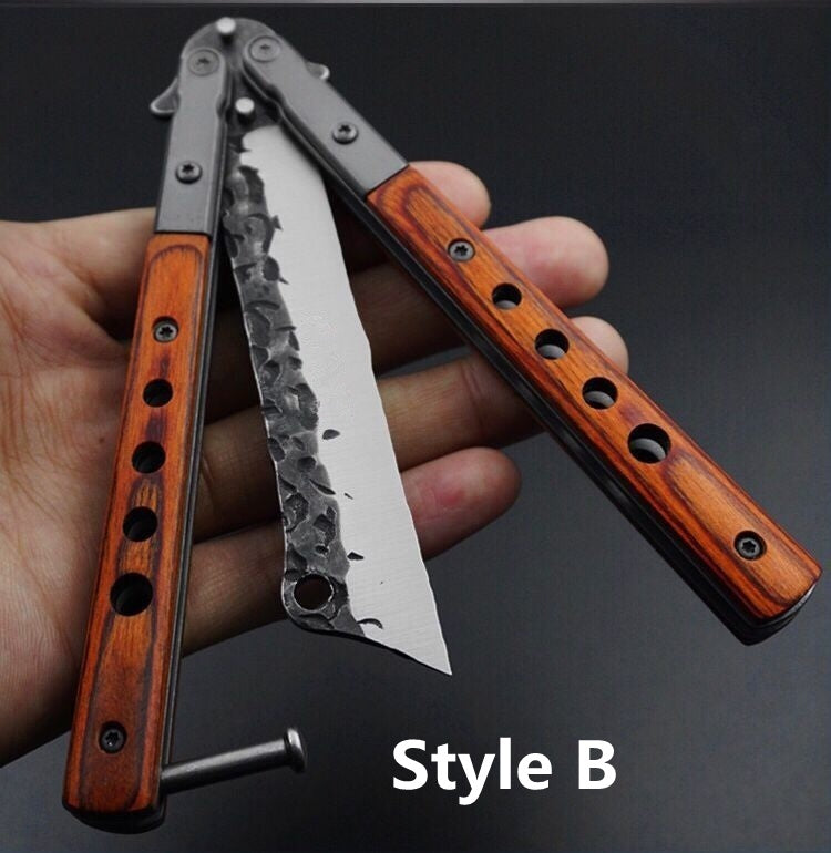 2021 NEW Handmade Sharp Razor Blade Tactical Butterfly Knives Trainer Flipping Balisong Practice Knife Tanto Wood Handle Outdoor Survival Combat Hunting Knife Christmas gift