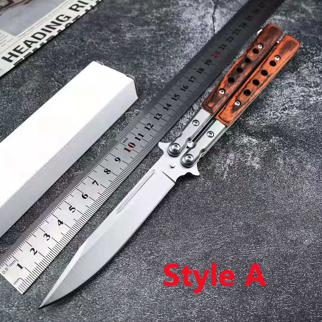 2021 NEW Handmade Sharp Razor Blade Tactical Butterfly Knives Trainer Flipping Balisong Practice Knife Tanto Wood Handle Outdoor Survival Combat Hunting Knife Christmas gift