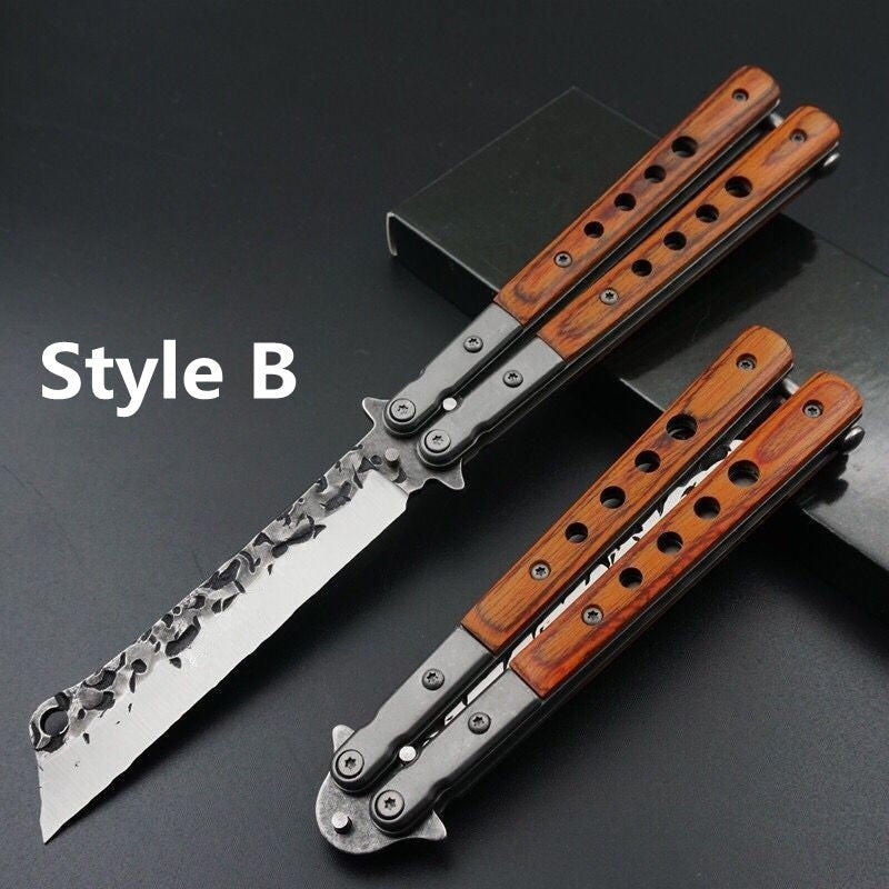 2021 NEW Handmade Sharp Razor Blade Tactical Butterfly Knives Trainer Flipping Balisong Practice Knife Tanto Wood Handle Outdoor Survival Combat Hunting Knife Christmas gift