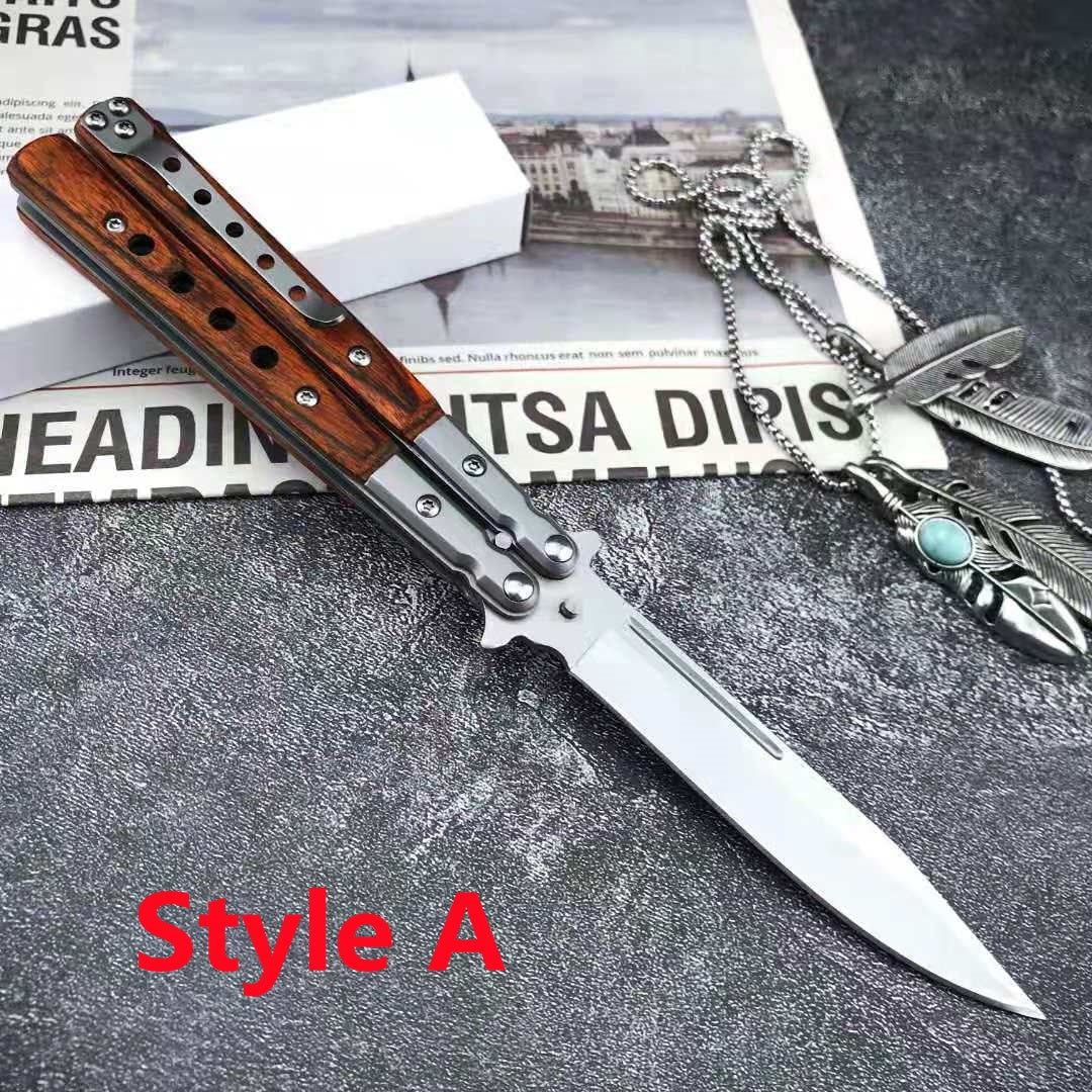 2021 NEW Handmade Sharp Razor Blade Tactical Butterfly Knives Trainer Flipping Balisong Practice Knife Tanto Wood Handle Outdoor Survival Combat Hunting Knife Christmas gift