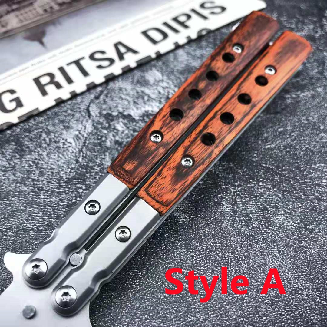 2021 NEW Handmade Sharp Razor Blade Tactical Butterfly Knives Trainer Flipping Balisong Practice Knife Tanto Wood Handle Outdoor Survival Combat Hunting Knife Christmas gift
