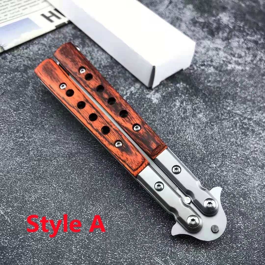 2021 NEW Handmade Sharp Razor Blade Tactical Butterfly Knives Trainer Flipping Balisong Practice Knife Tanto Wood Handle Outdoor Survival Combat Hunting Knife Christmas gift