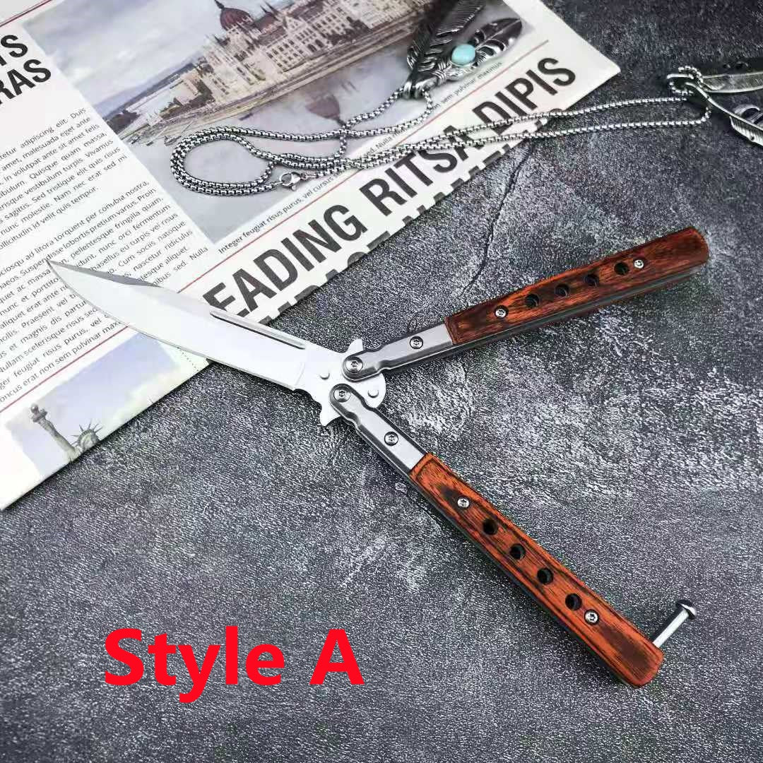 2021 NEW Handmade Sharp Razor Blade Tactical Butterfly Knives Trainer Flipping Balisong Practice Knife Tanto Wood Handle Outdoor Survival Combat Hunting Knife Christmas gift