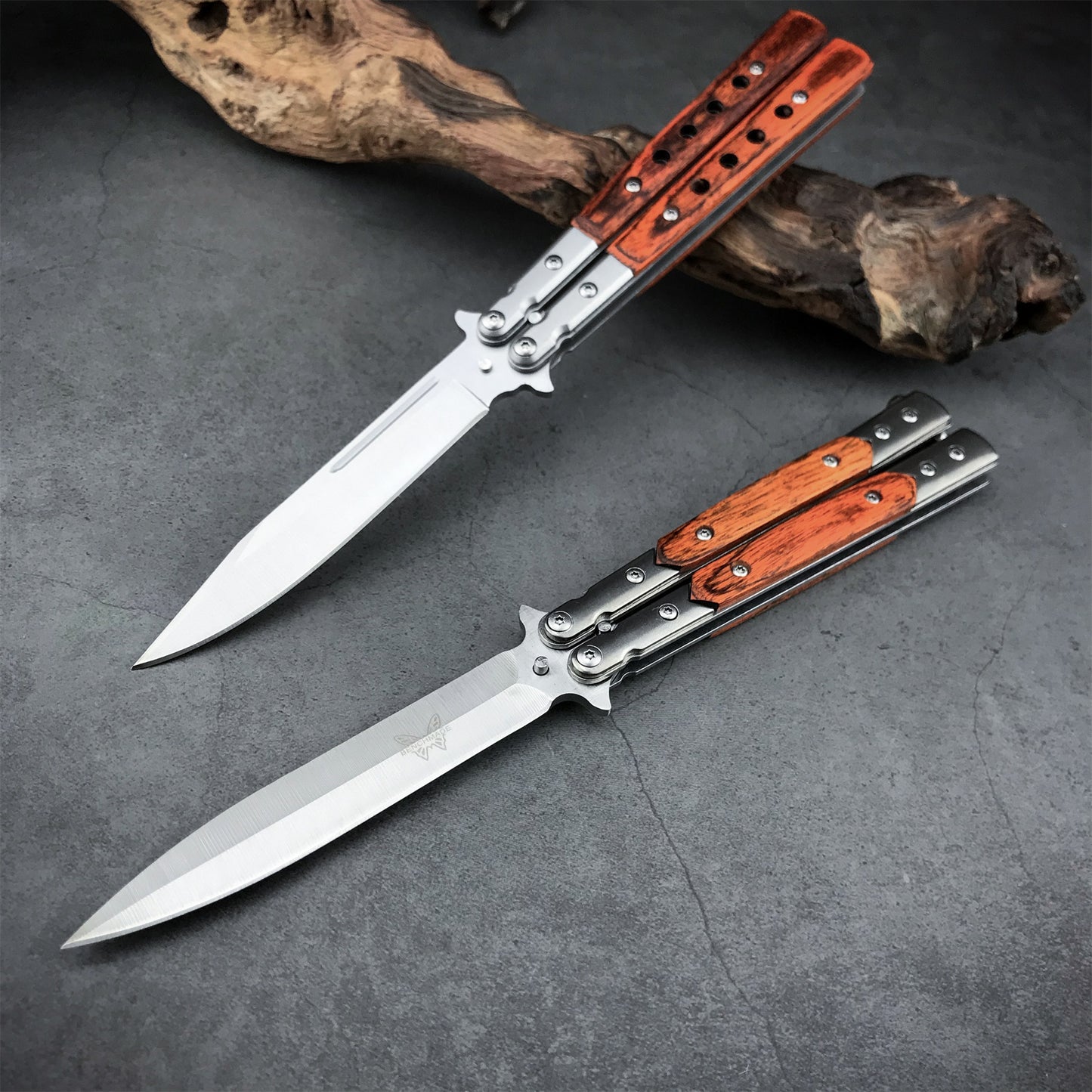 2021 NEW Handmade Sharp Razor Blade Tactical Butterfly Knives Trainer Flipping Balisong Practice Knife Tanto Wood Handle Outdoor Survival Combat Hunting Knife Christmas gift