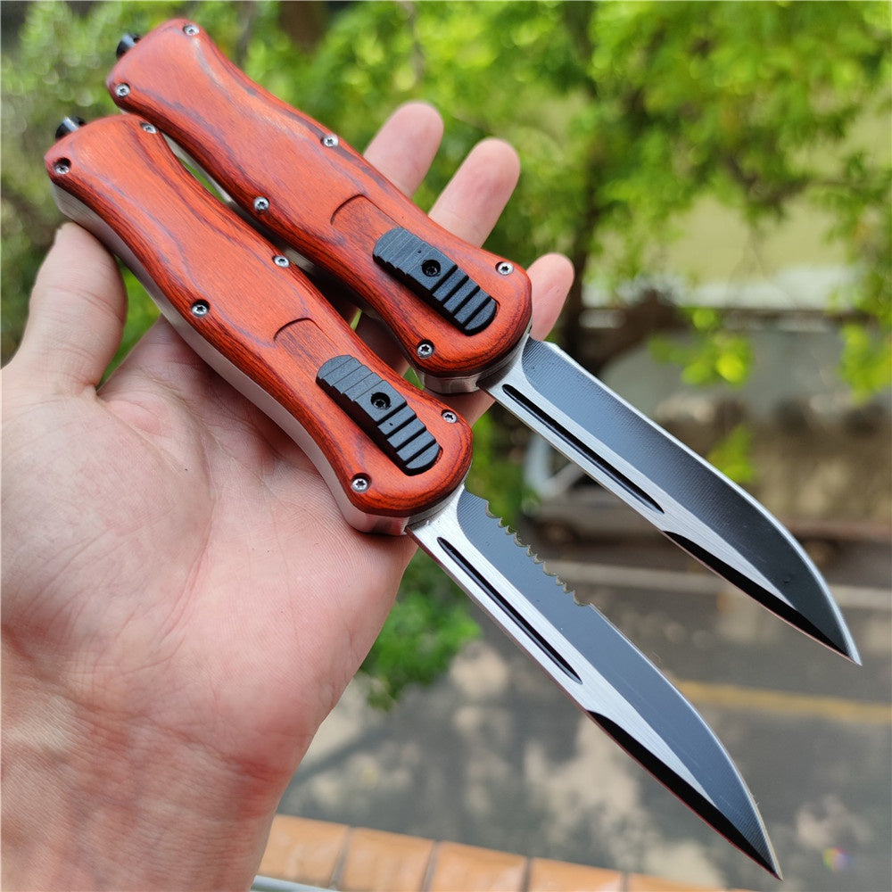 Out The Front OTF BENCHMADE A016 Tactical Knifes Wooden Handle Outdoor Pocket Camping Survuval EDC Tools Safety Cutting DOUBLE-ACTION Switch Blade Knife Christmas Gift Knife Sheath