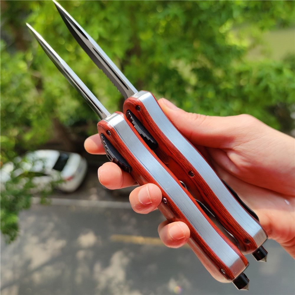 Out The Front OTF BENCHMADE A016 Tactical Knifes Wooden Handle Outdoor Pocket Camping Survuval EDC Tools Safety Cutting DOUBLE-ACTION Switch Blade Knife Christmas Gift Knife Sheath