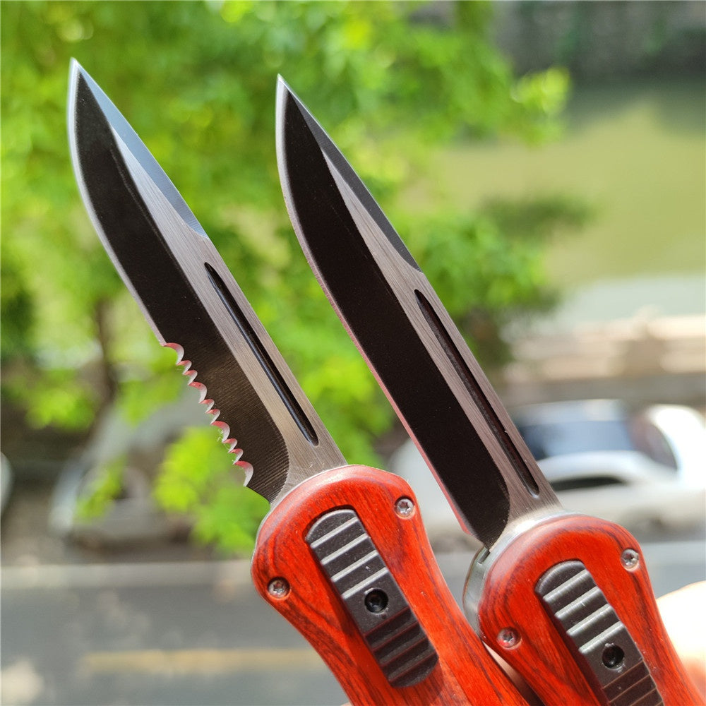 Out The Front OTF BENCHMADE A016 Tactical Knifes Wooden Handle Outdoor Pocket Camping Survuval EDC Tools Safety Cutting DOUBLE-ACTION Switch Blade Knife Christmas Gift Knife Sheath