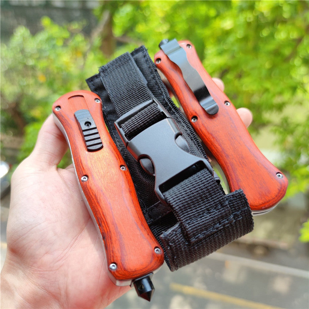 Out The Front OTF BENCHMADE A016 Tactical Knifes Wooden Handle Outdoor Pocket Camping Survuval EDC Tools Safety Cutting DOUBLE-ACTION Switch Blade Knife Christmas Gift Knife Sheath