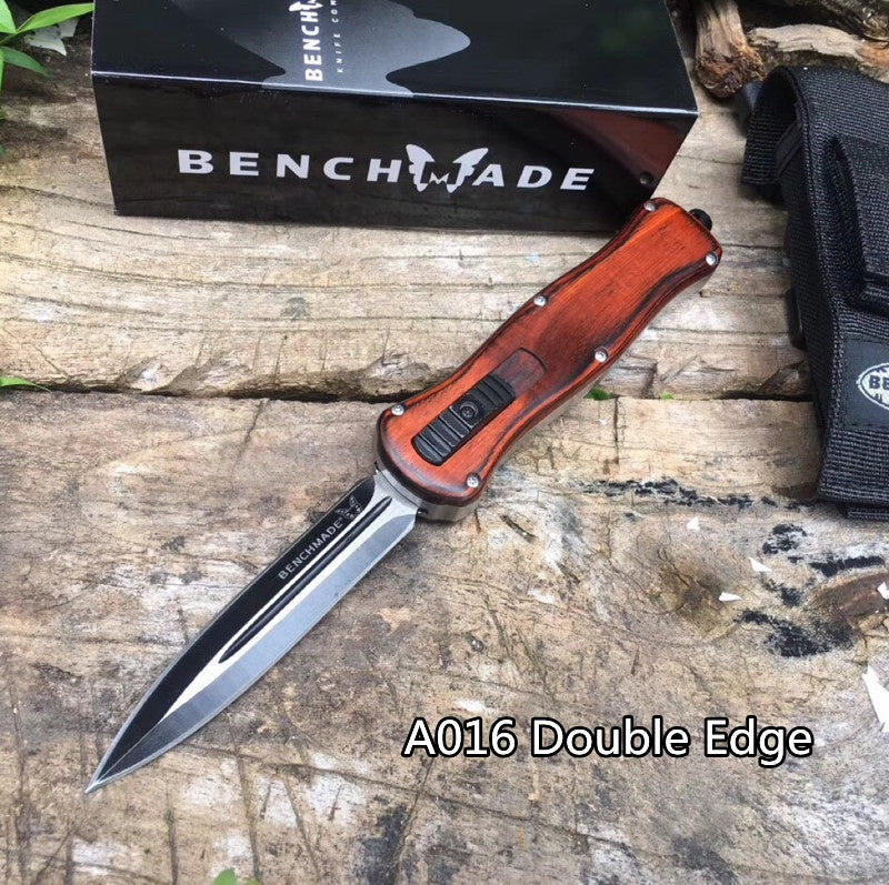 Out The Front OTF BENCHMADE A016 Tactical Knifes Wooden Handle Outdoor Pocket Camping Survuval EDC Tools Safety Cutting DOUBLE-ACTION Switch Blade Knife Christmas Gift Knife Sheath