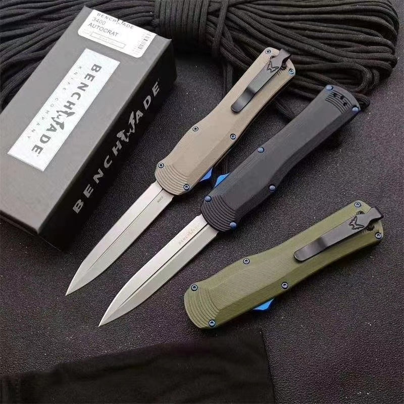 NEW Tactical Spring Knives Benchmade 3400 Autocrat AUTO OTF Knife 3.71 Inch Satin S30V Double Edge Dagger Blade, Black G10 Handles self defence Switchblade Knife Camping Hunting tools