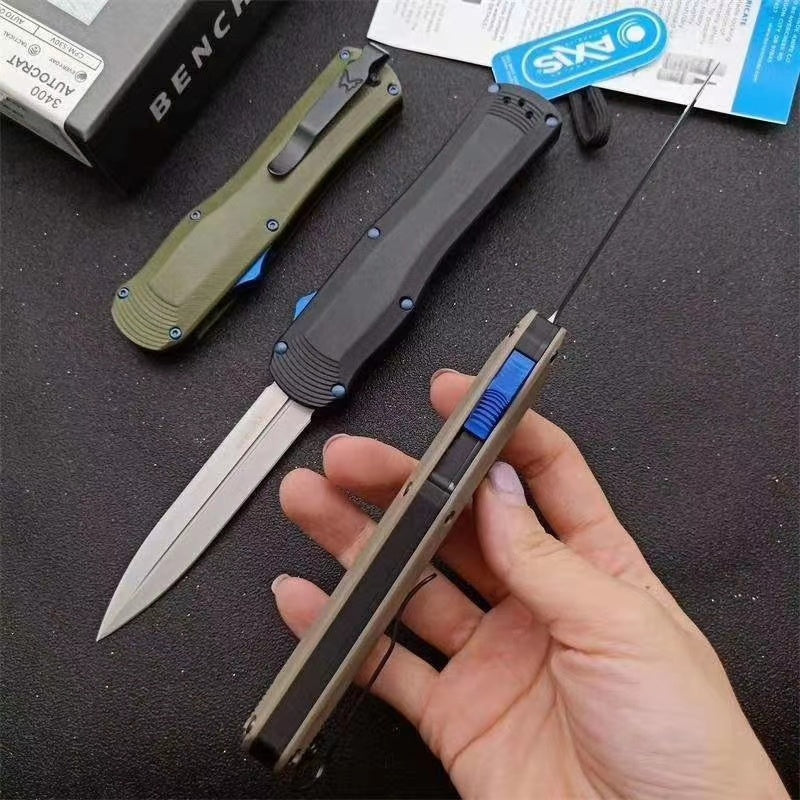 NEW Tactical Spring Knives Benchmade 3400 Autocrat AUTO OTF Knife 3.71 Inch Satin S30V Double Edge Dagger Blade, Black G10 Handles self defence Switchblade Knife Camping Hunting tools