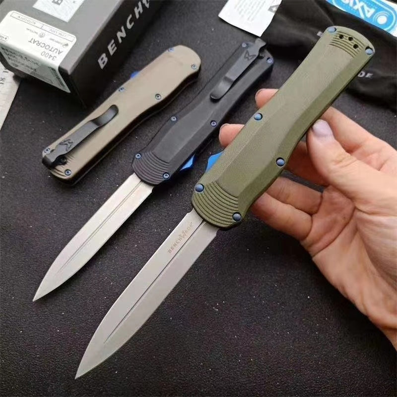 NEW Tactical Spring Knives Benchmade 3400 Autocrat AUTO OTF Knife 3.71 Inch Satin S30V Double Edge Dagger Blade, Black G10 Handles self defence Switchblade Knife Camping Hunting tools