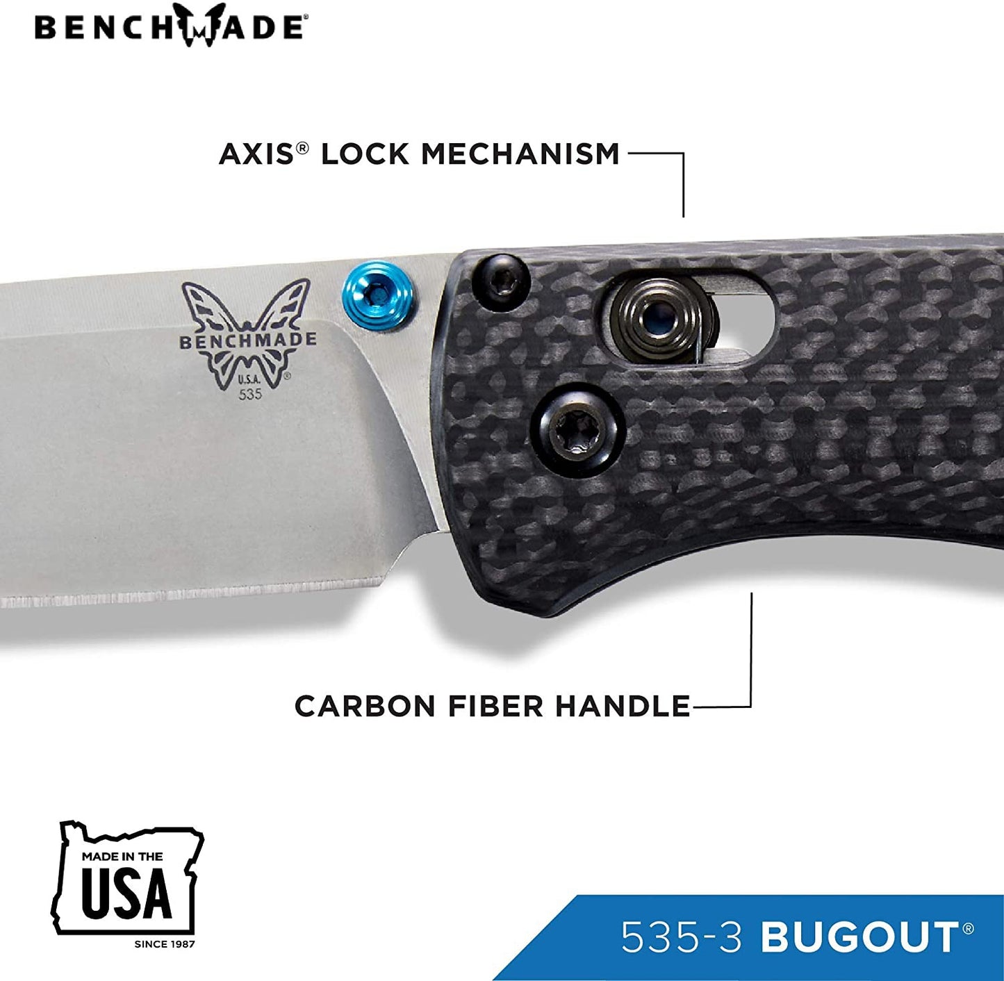 2022 Benchmade Bugout 535-3, 3.24" CPMS90V Plain Blade, Carbon Fiber Handle with Axis Lock Outdoor Pocket Knives