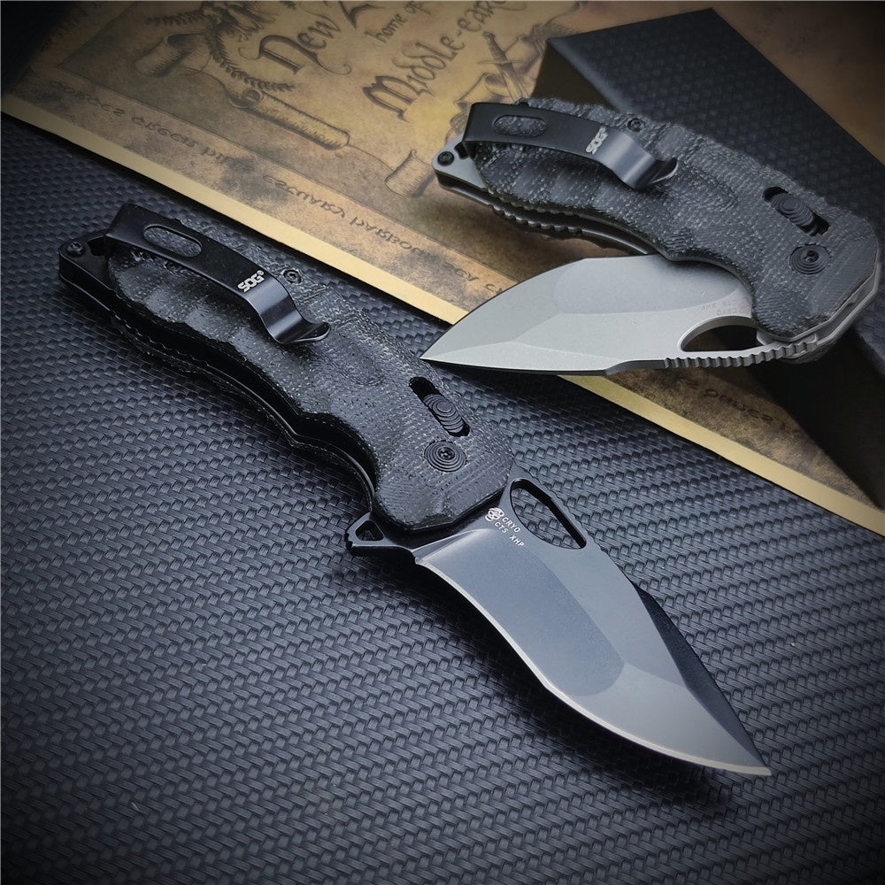SOG Kiku XR Outdoor Folding Knife 3.03" CTS-XHP Satin Plain Blade, Natural Linen Micarta Handles - XR Lock - 12-27-01-57