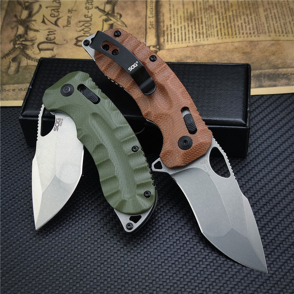 SOG Kiku XR Outdoor Folding Knife 3.03" CTS-XHP Satin Plain Blade, Natural Linen Micarta Handles - XR Lock - 12-27-01-57