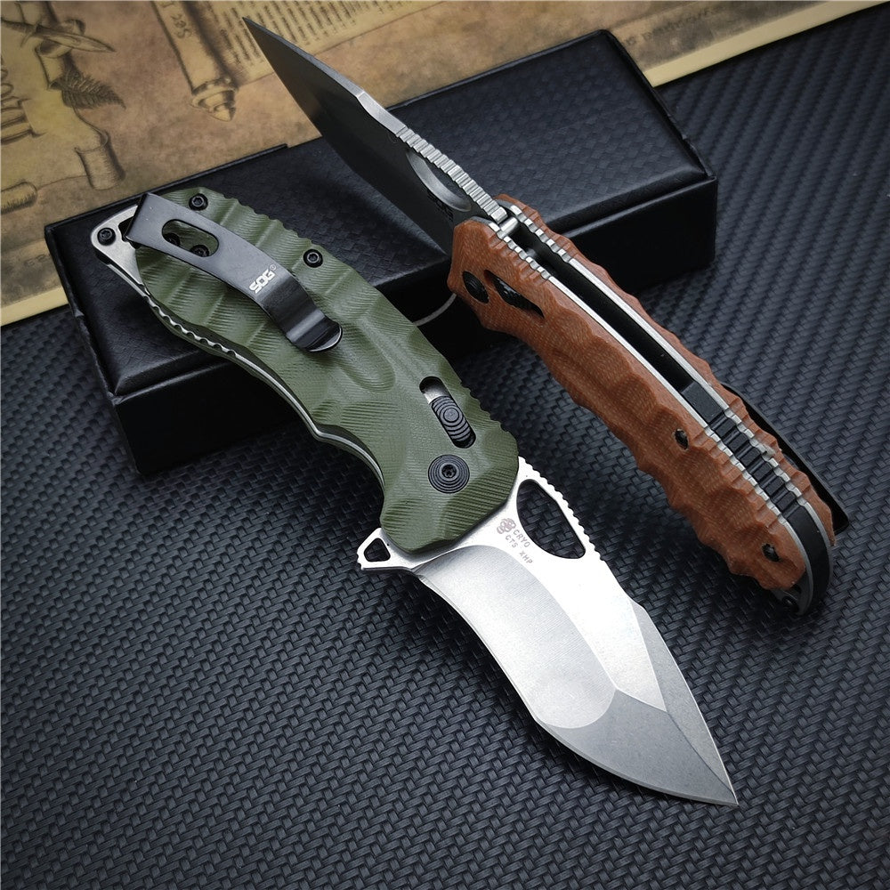 SOG Kiku XR Outdoor Folding Knife 3.03" CTS-XHP Satin Plain Blade, Natural Linen Micarta Handles - XR Lock - 12-27-01-57