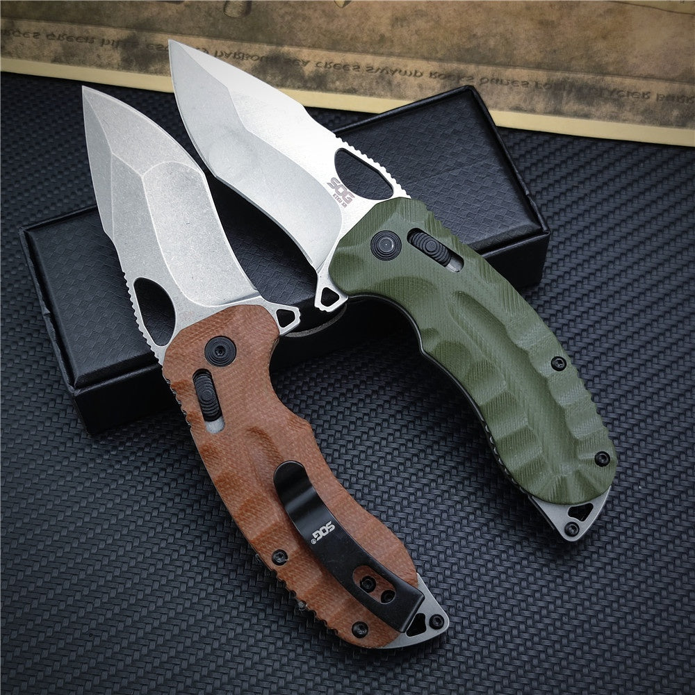SOG Kiku XR Outdoor Folding Knife 3.03" CTS-XHP Satin Plain Blade, Natural Linen Micarta Handles - XR Lock - 12-27-01-57