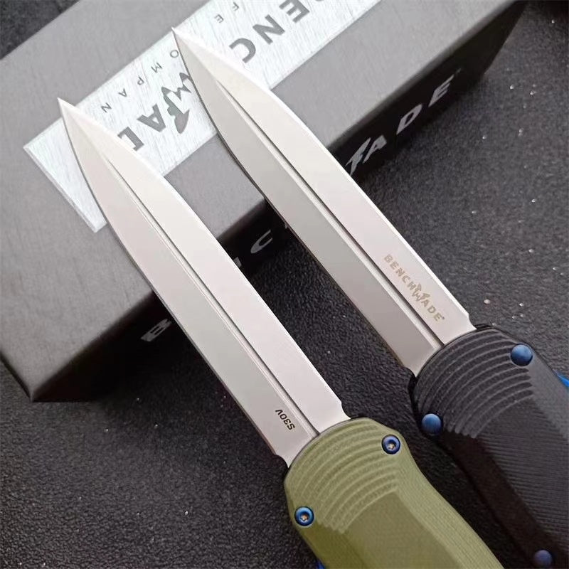 Tactical Spring Knives Benchmade 3400 Autocrat AUTO OTF Knife 3.71 Inch Satin S30V Double Edge Dagger Blade, Black G10 Handles self defence Switchblade Knife