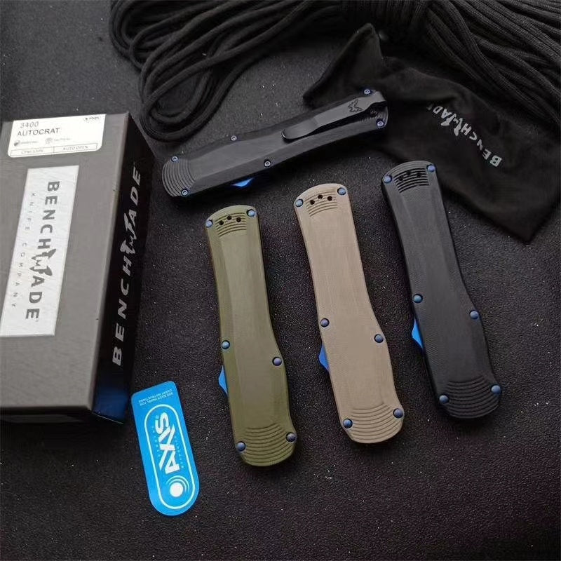Tactical Spring Knives Benchmade 3400 Autocrat AUTO OTF Knife 3.71 Inch Satin S30V Double Edge Dagger Blade, Black G10 Handles self defence Switchblade Knife