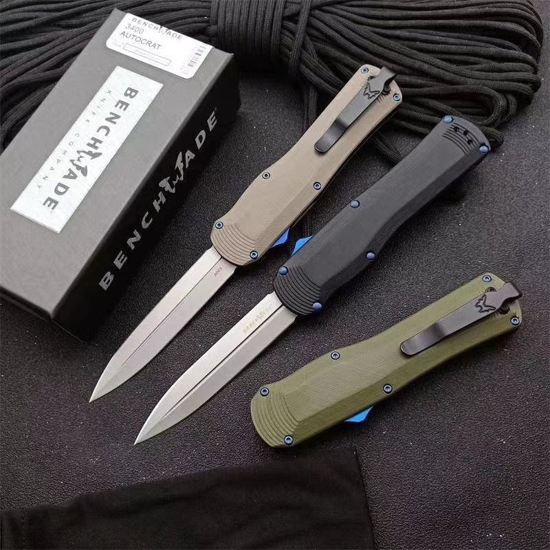 Tactical Spring Knives Benchmade 3400 Autocrat AUTO OTF Knife 3.71 Inch Satin S30V Double Edge Dagger Blade, Black G10 Handles self defence Switchblade Knife