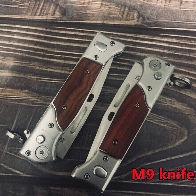AK-47 G/U/N SHAPED Folding flick Knife | 440 Blade Wood Handle Tactical Multi-function Pocket Knife for Camping Survival Hunting with LED Light
