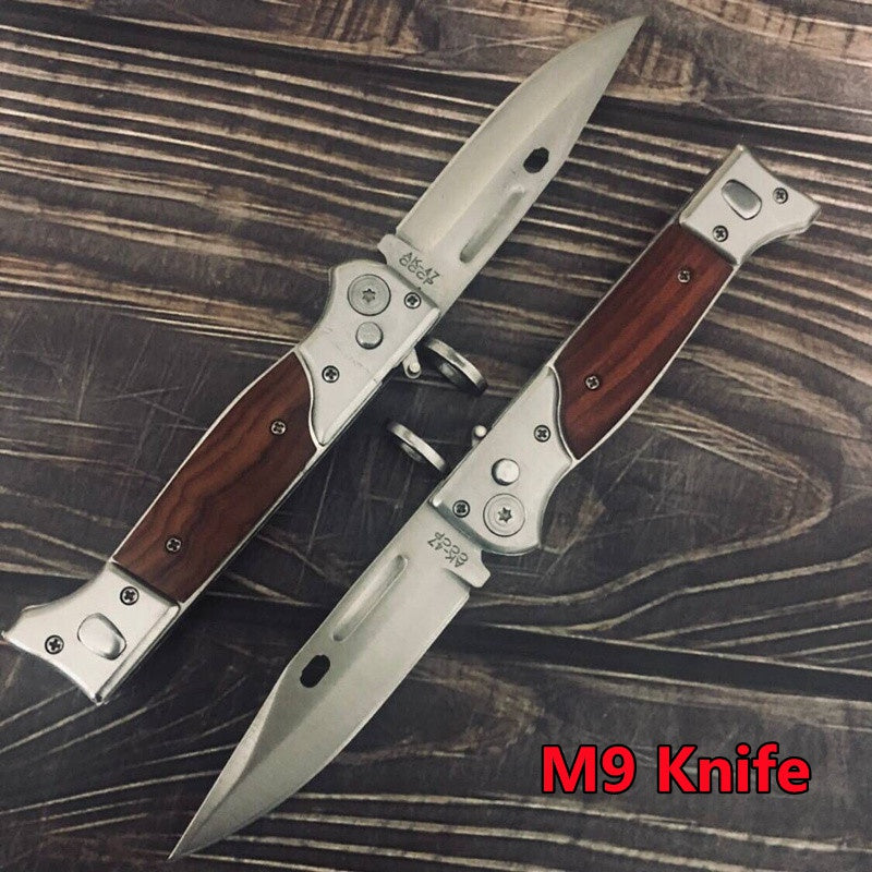 AK-47 G/U/N SHAPED Folding flick Knife | 440 Blade Wood Handle Tactical Multi-function Pocket Knife for Camping Survival Hunting with LED Light