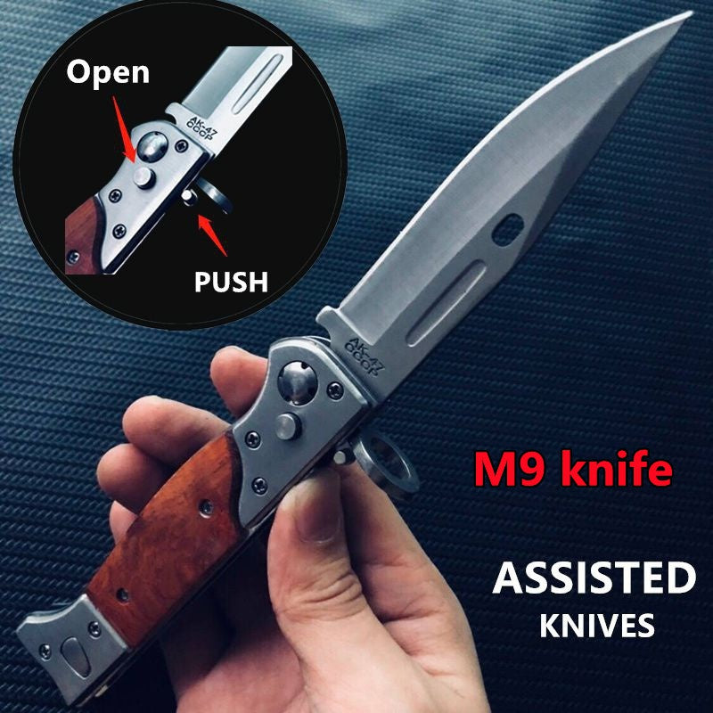 AK-47 G/U/N SHAPED Folding flick Knife | 440 Blade Wood Handle Tactical Multi-function Pocket Knife for Camping Survival Hunting with LED Light