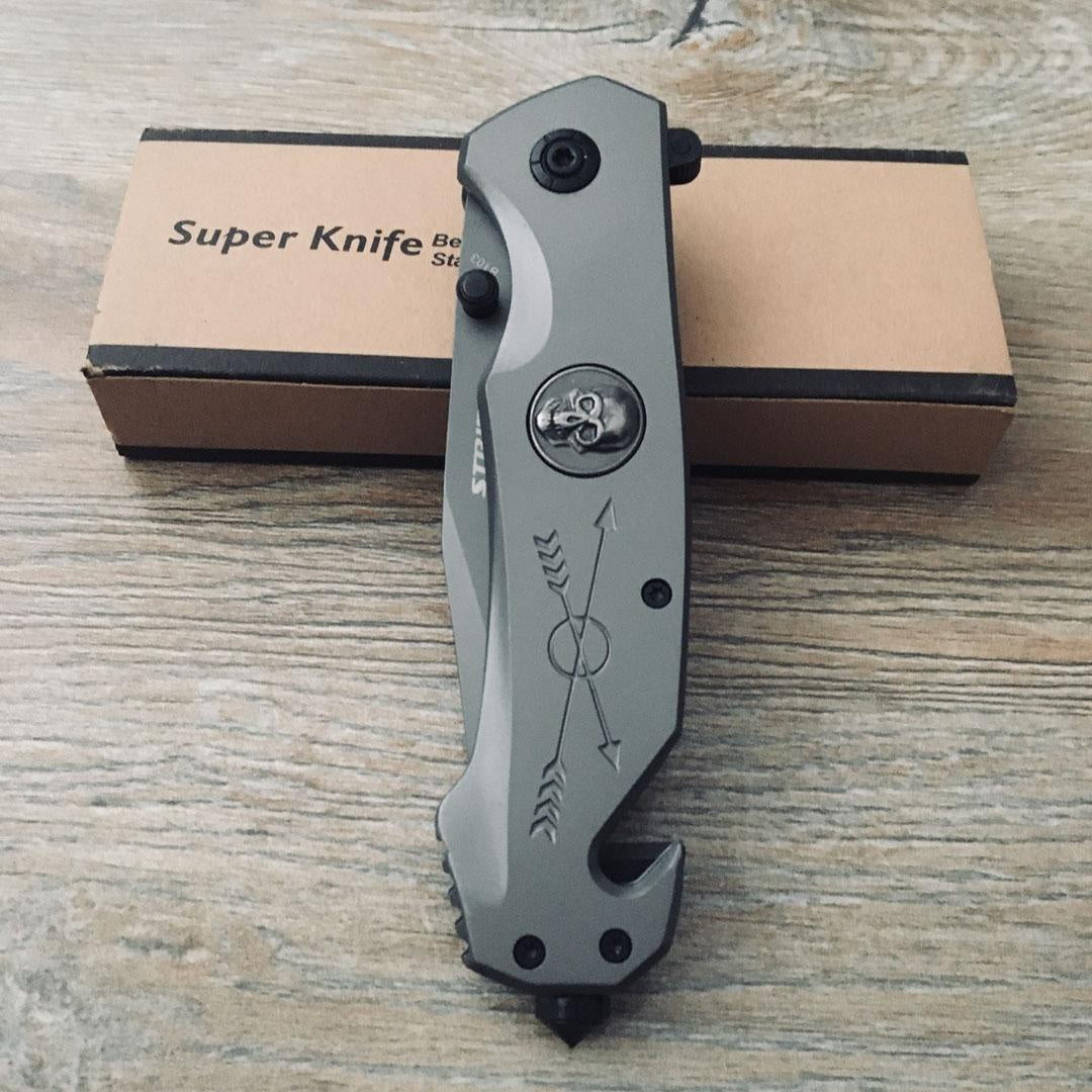 Strider 8" Spring Assisted Automatic Opening Folding Knife Tactical Multi-functional Blade Camping Survival All-Steel Pocket Knife Tail Broken Window + Rope Cutter