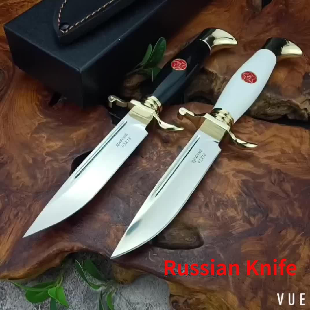 EW Russian Finka NKVD (KGB) Wit Fixed Blade Knife 95X18 Mirror Polish Drop-Point Blade Black/White Acrylic Handle Black Sheath Camping Hunting Jungle Stright Knife (2 style)