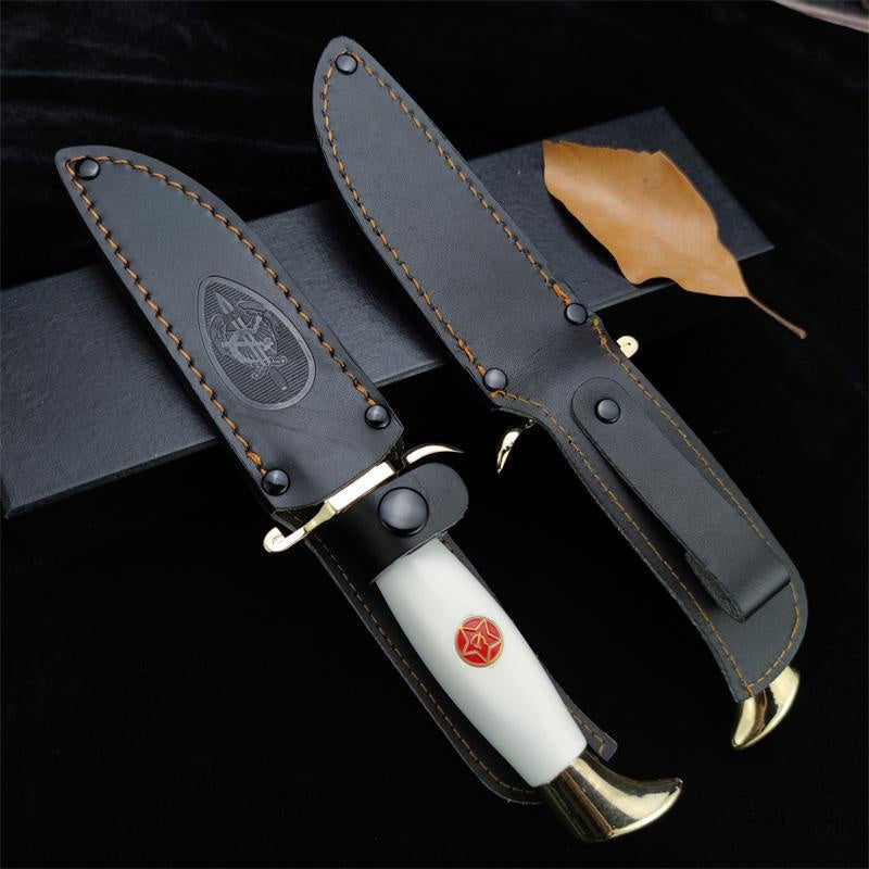 EW Russian Finka NKVD (KGB) Wit Fixed Blade Knife 95X18 Mirror Polish Drop-Point Blade Black/White Acrylic Handle Black Sheath Camping Hunting Jungle Stright Knife (2 style)