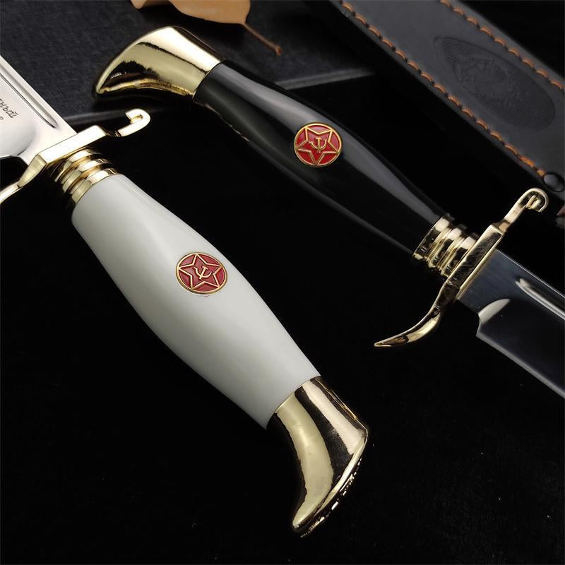 EW Russian Finka NKVD (KGB) Wit Fixed Blade Knife 95X18 Mirror Polish Drop-Point Blade Black/White Acrylic Handle Black Sheath Camping Hunting Jungle Stright Knife (2 style)