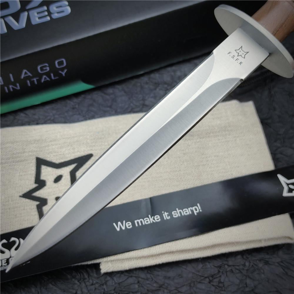 FOX 593 Outdoor Hunting Combat Bayonet Knife Tactical Folding Knife Dagger Survival Army Military Knife Blade with Cowhide Sheath