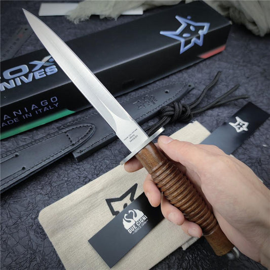 FOX 593 Outdoor Hunting Combat Bayonet Knife Tactical Folding Knife Dagger Survival Army Military Knife Blade with Cowhide Sheath