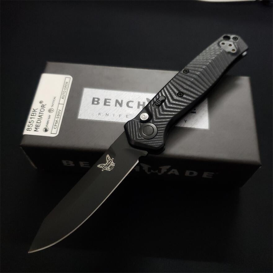 2023 New Benchmade Mediator AUTO 8551 8551BK Folding Knife 3.3\ S90V Black Cerakote Plain Blade Milled Black G10 Handles Pocket Tactical Knives Outdoor Camping Hunting EDC Multi-tools Faca