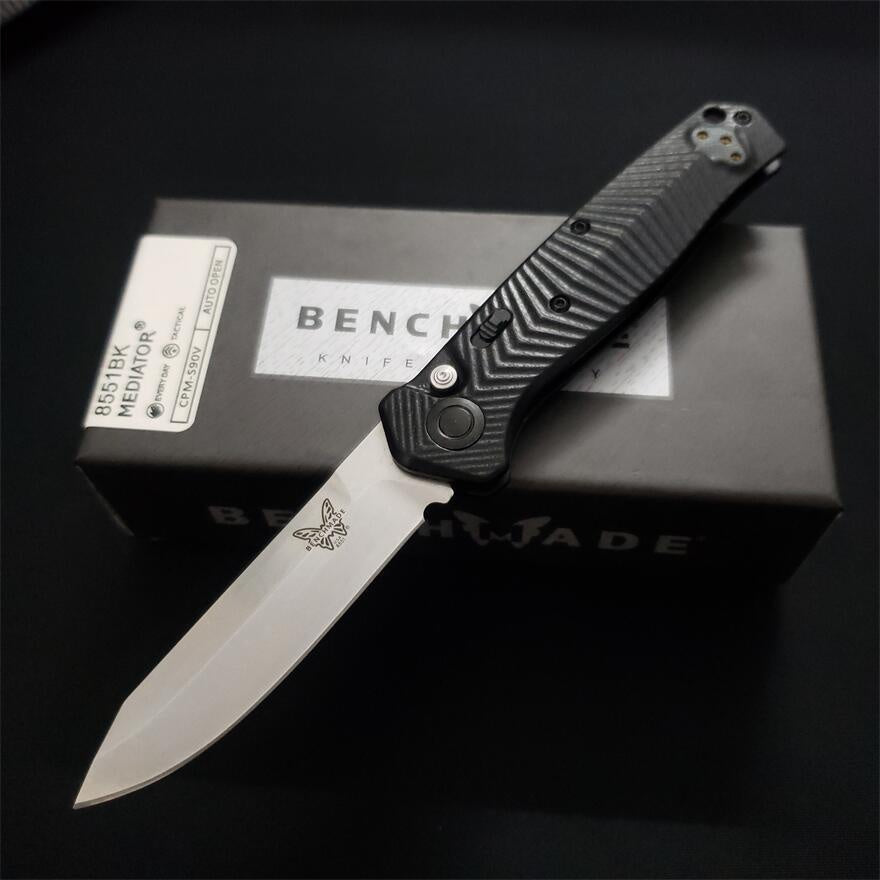 2023 New Benchmade Mediator AUTO 8551 8551BK Folding Knife 3.3\ S90V Black Cerakote Plain Blade Milled Black G10 Handles Pocket Tactical Knives Outdoor Camping Hunting EDC Multi-tools Faca