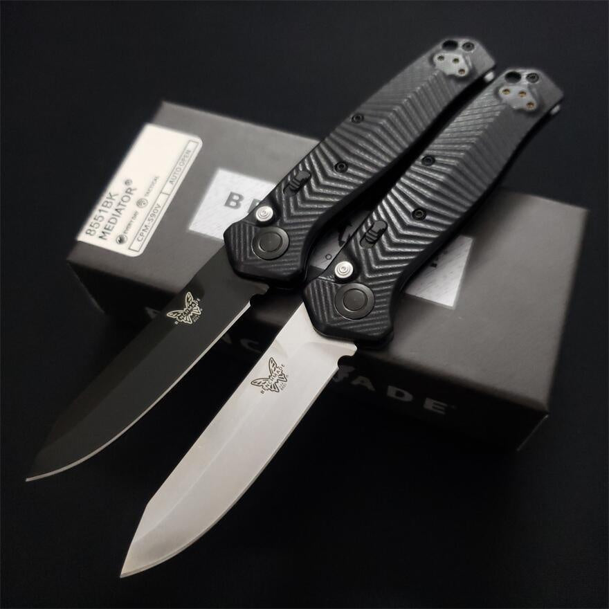 2023 New Benchmade Mediator AUTO 8551 8551BK Folding Knife 3.3\ S90V Black Cerakote Plain Blade Milled Black G10 Handles Pocket Tactical Knives Outdoor Camping Hunting EDC Multi-tools Faca