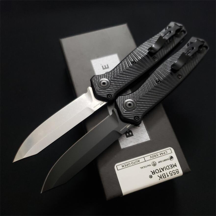 2023 New Benchmade Mediator AUTO 8551 8551BK Folding Knife 3.3\ S90V Black Cerakote Plain Blade Milled Black G10 Handles Pocket Tactical Knives Outdoor Camping Hunting EDC Multi-tools Faca