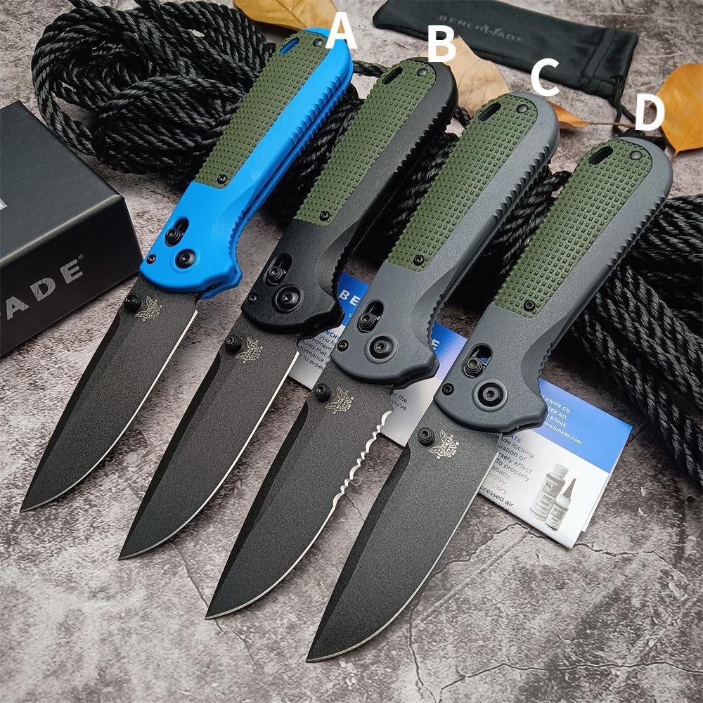 Benchmade 430 Redoubt AXIS Folding Pocket Knife 3.55" CPM-D2 Graphite Black Plain Blade, Gray and Blue Grivory Handles Benchmade 430BK Outdoor Tactical Camping Self defense EDCTool