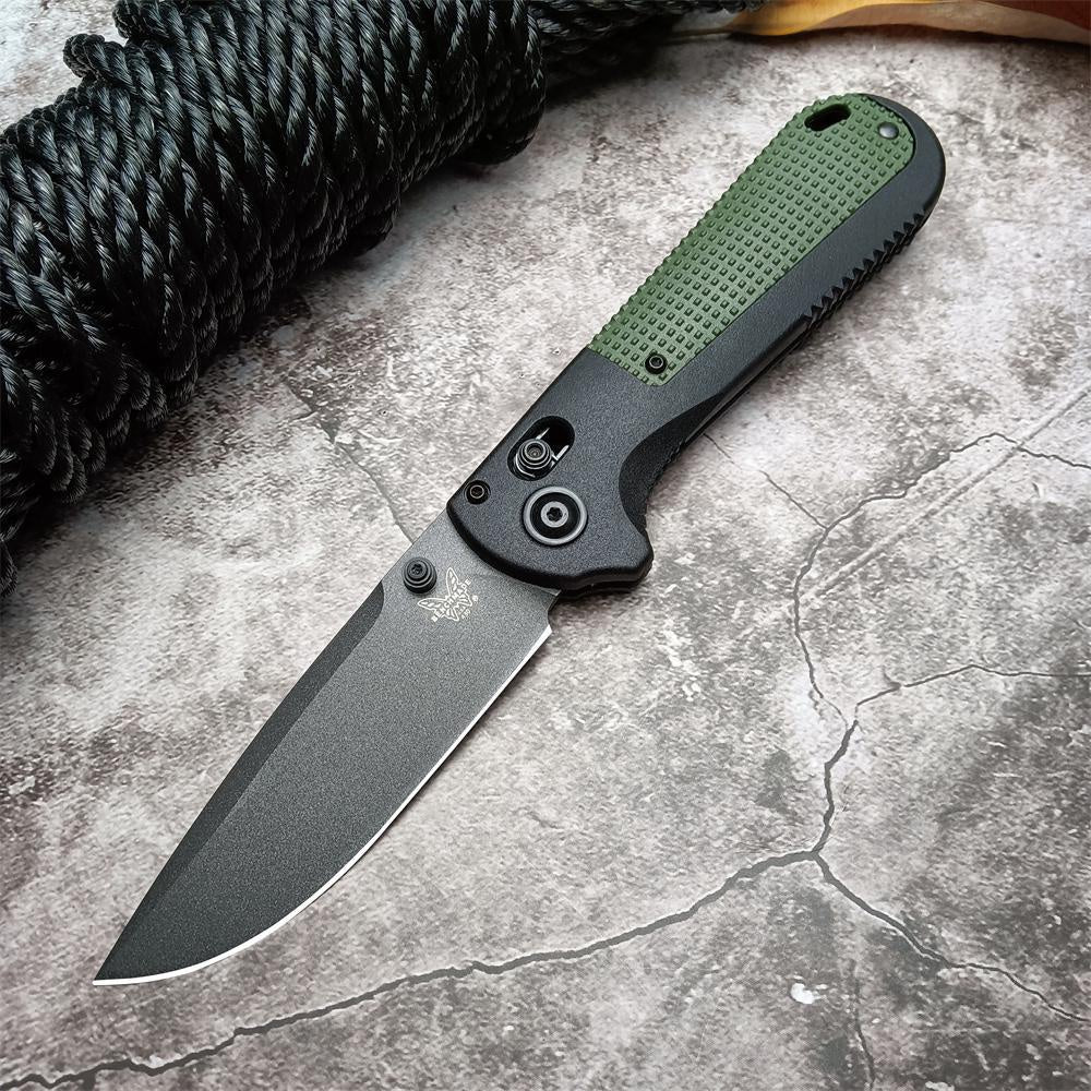 Benchmade 430 Redoubt AXIS Folding Pocket Knife 3.55" CPM-D2 Graphite Black Plain Blade, Gray and Blue Grivory Handles Benchmade 430BK Outdoor Tactical Camping Self defense EDCTool