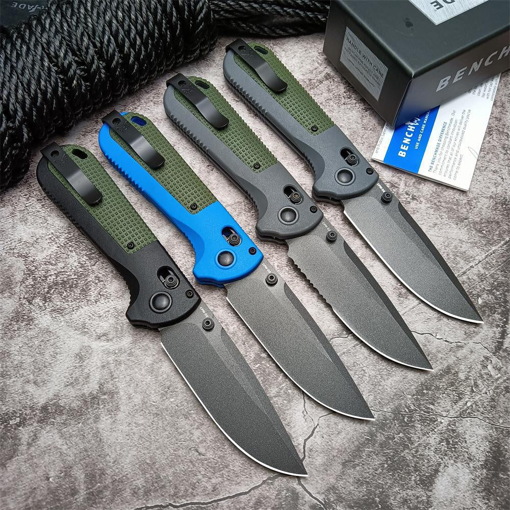 Benchmade 430 Redoubt AXIS Folding Pocket Knife 3.55" CPM-D2 Graphite Black Plain Blade, Gray and Blue Grivory Handles Benchmade 430BK Outdoor Tactical Camping Self defense EDCTool