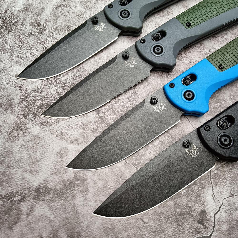 Benchmade 430 Redoubt AXIS Folding Pocket Knife 3.55" CPM-D2 Graphite Black Plain Blade, Gray and Blue Grivory Handles Benchmade 430BK Outdoor Tactical Camping Self defense EDCTool