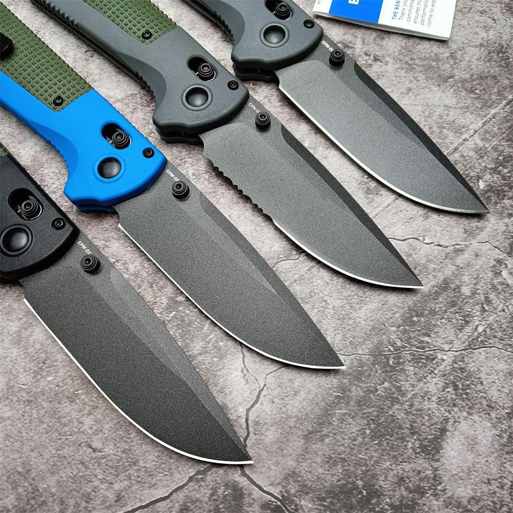 Benchmade 430 Redoubt AXIS Folding Pocket Knife 3.55" CPM-D2 Graphite Black Plain Blade, Gray and Blue Grivory Handles Benchmade 430BK Outdoor Tactical Camping Self defense EDCTool
