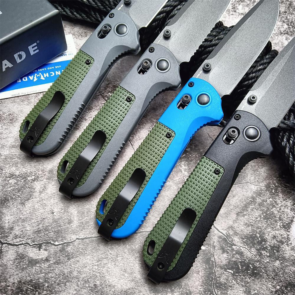 Benchmade 430 Redoubt AXIS Folding Pocket Knife 3.55" CPM-D2 Graphite Black Plain Blade, Gray and Blue Grivory Handles Benchmade 430BK Outdoor Tactical Camping Self defense EDCTool